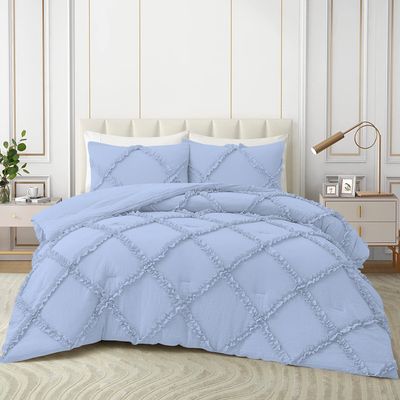 3 Piece Diamond Ruffle Comforter Set 100% Egyptian Cotton 800 Thread Count Premium Hotal Quality 400GSM, Super King (116" x 98") Inches - Light Blue Solid