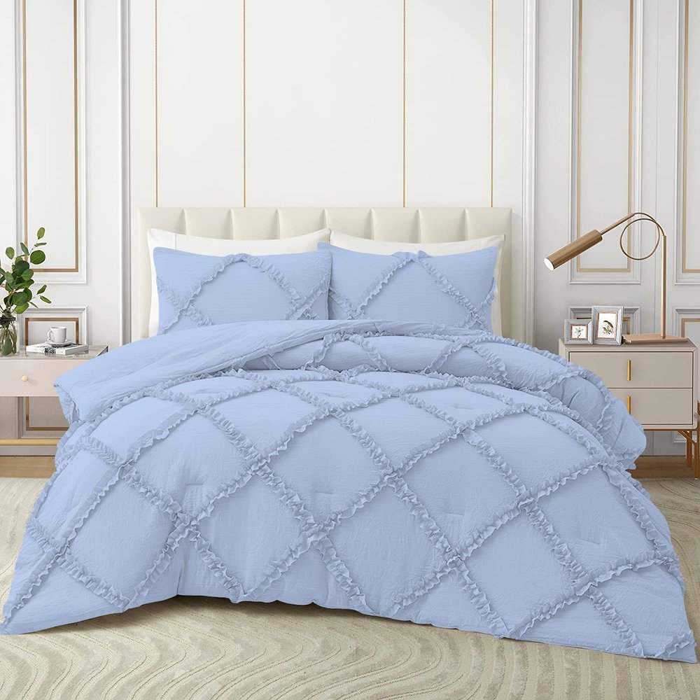3 Piece Diamond Ruffle Comforter Set 100% Egyptian Cotton 800 Thread Count Premium Hotal Quality 400GSM, Super King (116" x 98") Inches - Light Blue Solid