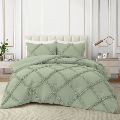 3 Piece Diamond Ruffle Comforter Set 100% Egyptian Cotton 800 Thread Count Premium Hotal Quality 400GSM, Oversized Queen (98" x 98") Inches - Sage Solid