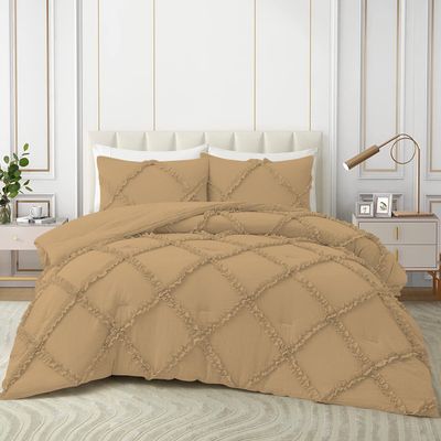 Silentnight 3 Piece Diamond Ruffle Comforter Set 100% Egyptian Cotton 800 Thread Count Premium Hotal Quality 400GSM, Oversized Queen (98" x 98") Inches - Taupe Solid