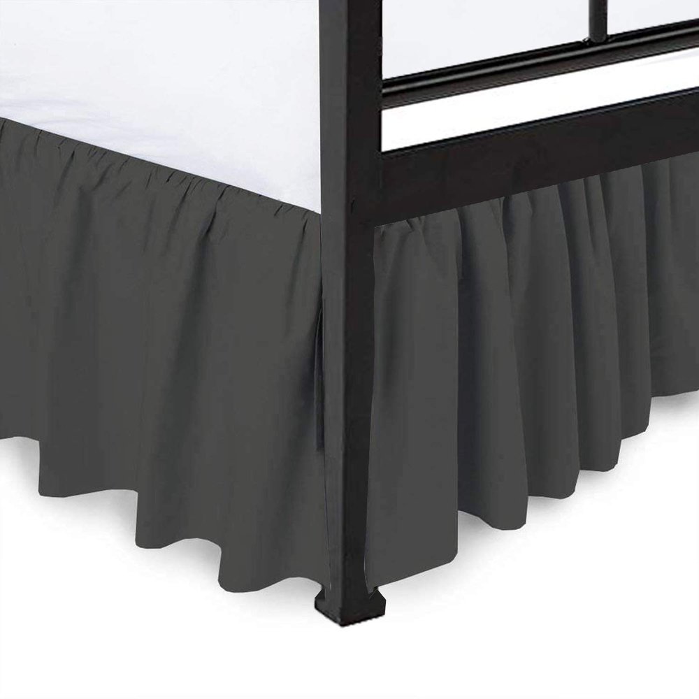 Ruffled Bed Skirt with Split Corner, Three Sided Coverage with Platform, Easy Fit 100% Cotton 800 Thread Count Bed Skirt, Dark Grey Short Queen Size Beds 15 Inches Drop Bedskirt