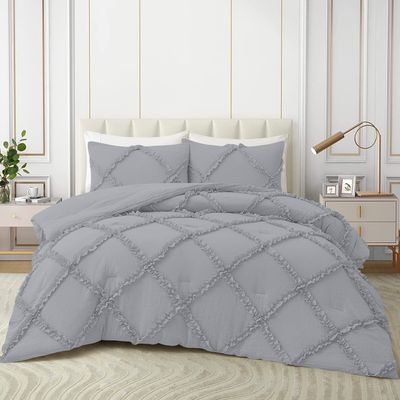1 Piece Diamond Ruffle Comforter 100% Egyptian Cotton 800 Thread Count Premium Hotal Quality 400GSM, Super King Plus (120" x 120") Inches - Silver Solid