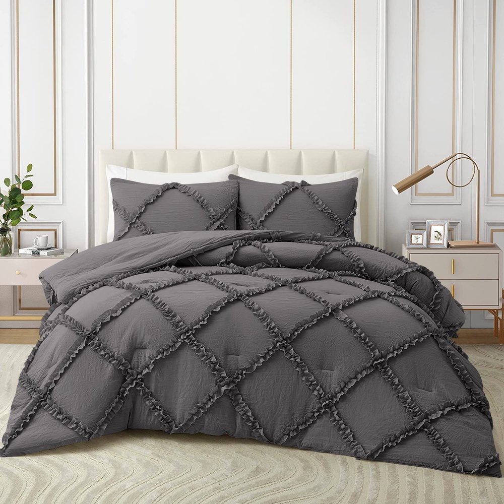 1 Piece Diamond Ruffle Comforter 100% Egyptian Cotton 800 Thread Count Premium Hotal Quality 400GSM, Full/Queen Size (90" x 90") Inches - Dark Grey Solid