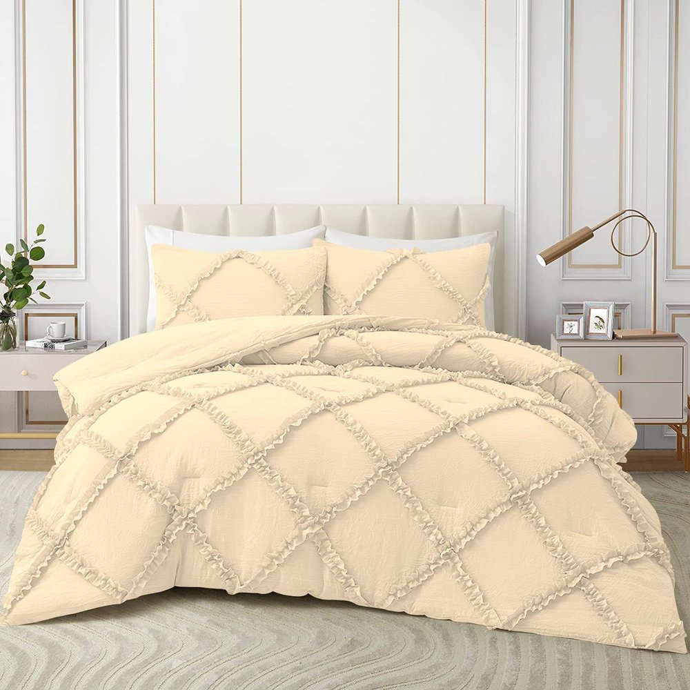 1 Piece Diamond Ruffle Comforter 100% Egyptian Cotton 800 Thread Count Premium Hotal Quality 400GSM, Full/Queen Size (90" x 90") Inches - Ivory Solid