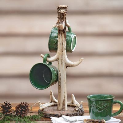 BLACK FOREST DECOR Antler Mug Rack, Polyresin, Coffee Mug Holder, 7" Dia. x 16.5" H