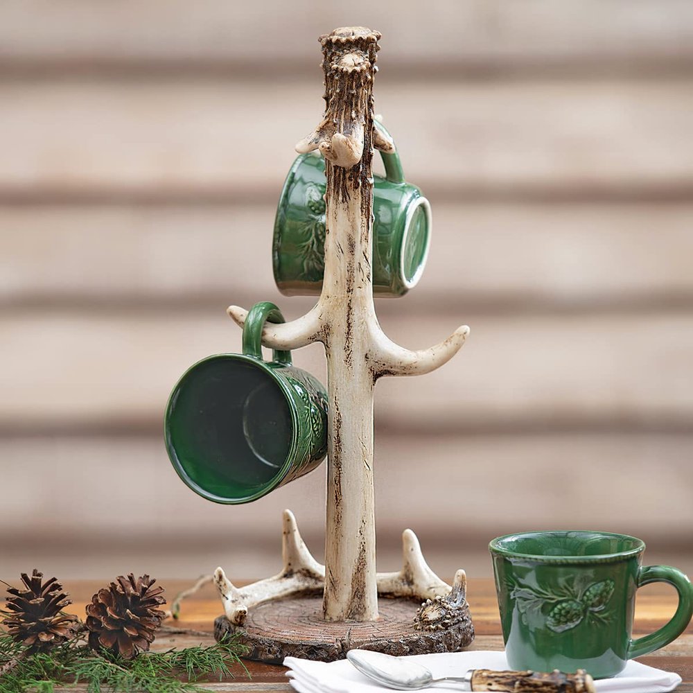 BLACK FOREST DECOR Antler Mug Rack, Polyresin, Coffee Mug Holder, 7" Dia. x 16.5" H