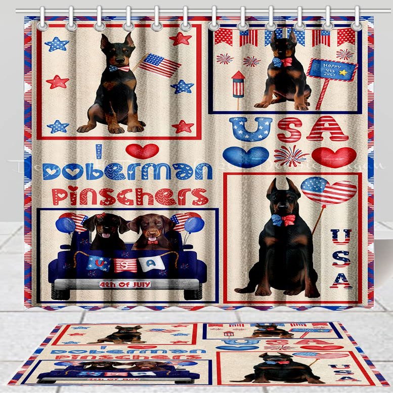 4th of July Independence Day I Love USA Doberman Dog Bath Mat & Shower Curtain Combo - Non-Slip Bathroom Plush Rug Mat Polyester Bathtub Curtain Screens with Hook, BM 20''x 32'', SC 66"x72"