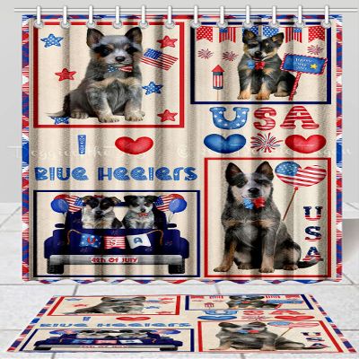 4th of July Independence Day I Love USA Blue Heeler Dog Bath Mat & Shower Curtain Combo - Non-Slip Bathroom Plush Rug Mat Polyester Bathtub Curtain Screens with Hook, BM 20''x 32'', SC 48"x72"