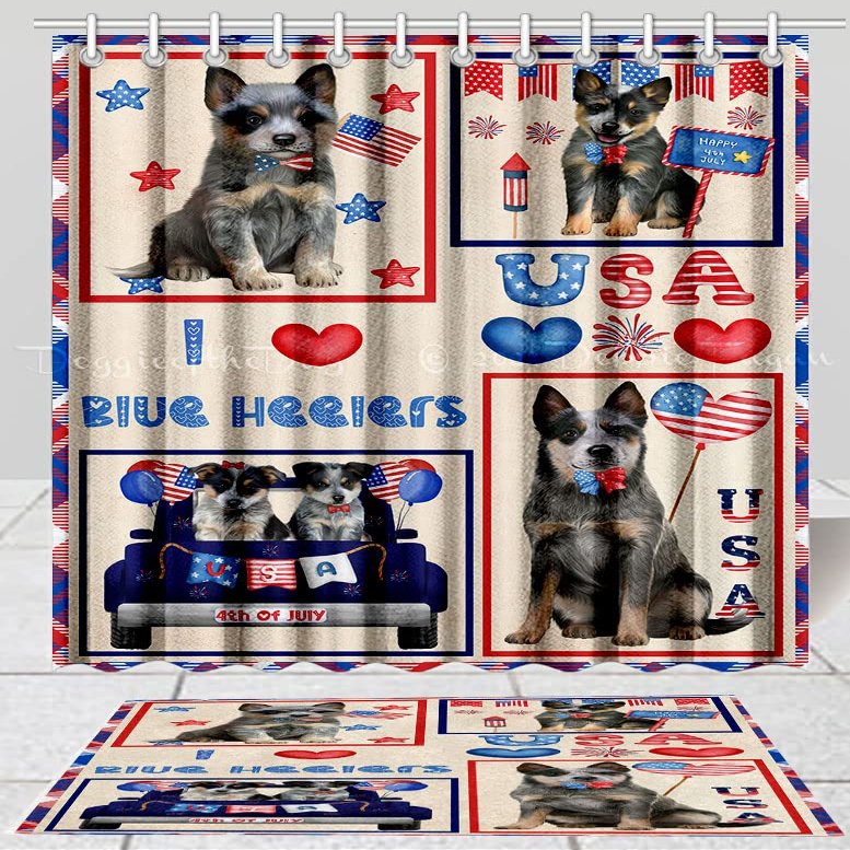 4th of July Independence Day I Love USA Blue Heeler Dog Bath Mat & Shower Curtain Combo - Non-Slip Bathroom Plush Rug Mat Polyester Bathtub Curtain Screens with Hook, BM 20''x 32'', SC 48"x72"