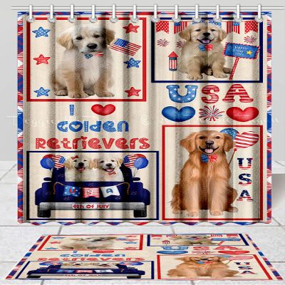 4th of July Independence Day I Love USA Golden Retriever Dog Bath Mat & Shower Curtain Combo - Non-Slip Bathroom Plush Rug Mat Polyester Bathtub Curtain Screens with Hook, BM 16''x 28'', SC 72"x72"