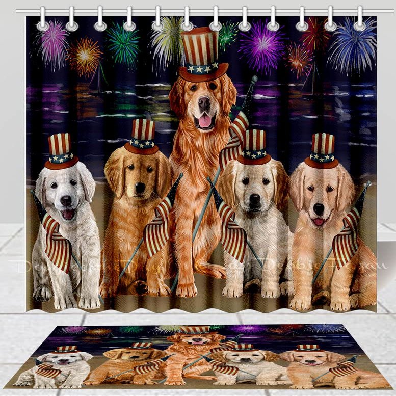 4th of July Independence Day Golden Retriever Dogs Bath Mat & Shower Curtain Combo - Non-Slip Bathroom Decor Plush Rug Mat Polyester Bathtub Curtain Screens with Hooks, BM 20''x 32'', SC 72"x72"