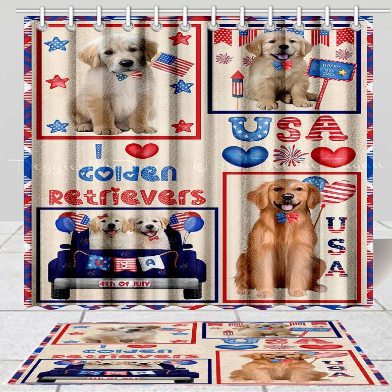 4th of July Independence Day I Love USA Golden Retriever Dog Bath Mat & Shower Curtain Combo - Non-Slip Bathroom Plush Rug Mat Polyester Bathtub Curtain Screens with Hook, BM 20''x 32'', SC 69"x72"