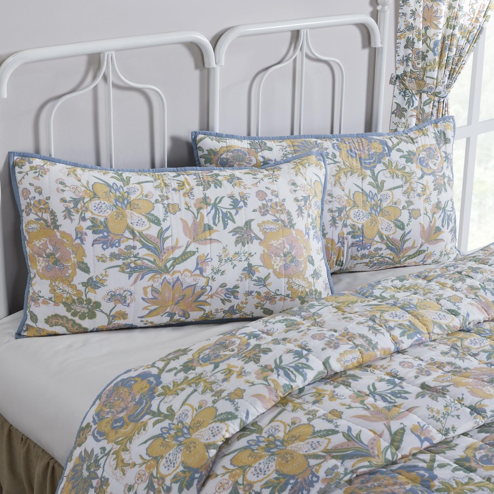VHC Brands Wilder, Farmhouse Quilted Bed Sham, King, Floral, Blue & Green, 21x37