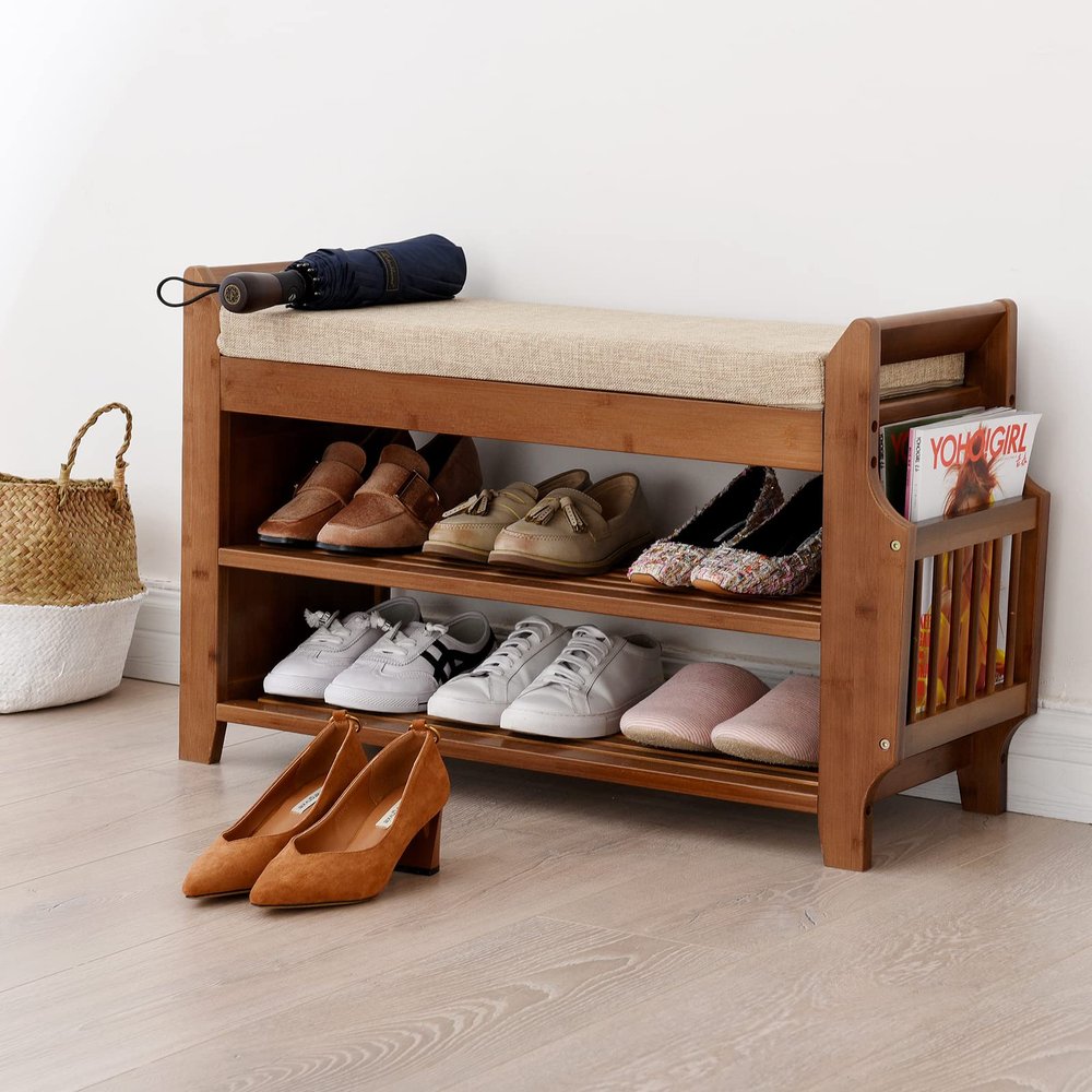 DNYSYSJ Shoe Bench Shoe Rack Organizer,Shoe Bench Shoe Rack Boot Organizer for Hallway Entryway 2-Tier Bamboo Cushion Storage Shelf