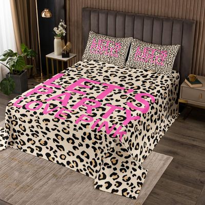 Homewish Leopard Print Bedspread Queen Size,Love Pink Coverlet Set 3pcs for Kids Teens Girls Boys Room Decor, Cheetah Animal Fur Quilted Coverlet Brown Bedding Quilt with 2 Pillowcases