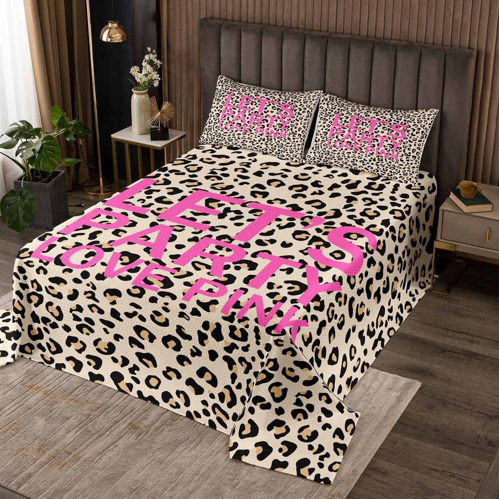Homewish Leopard Print Bedspread Queen Size,Love Pink Coverlet Set 3pcs for Kids Teens Girls Boys Room Decor, Cheetah Animal Fur Quilted Coverlet Brown Bedding Quilt with 2 Pillowcases