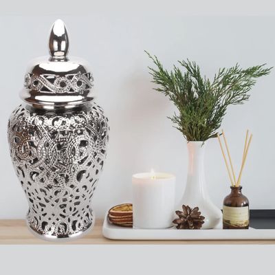 AnnaKJewels Silver Ginger Jar, Ginger Vase, Silver Color, Modern Home Decor, Decorative Ceramic Jar with Lid, Vase for Flowers (Large) White,silver