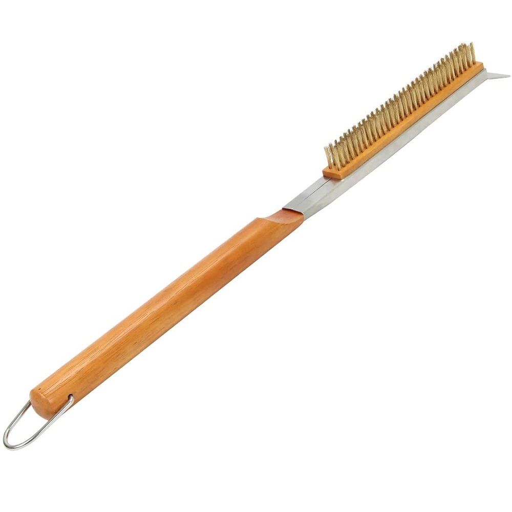 26 Pizza Oven Brush with Stone Scraper - Gentle Copper Bristles Safe for Stones, Extra Long Handle - Compatible with Ooni, Gozney, Solo Stove, Blackstone Ovens
