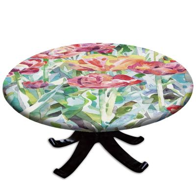 Spring Fitted Tablecloth with Elastic Edged, Waterproof Round Table Cover for Home Indoor Outdoor, Abstract Watercolor Floral Polyester Tablecloths Spill Proof for 48"-52" Table, Red Green