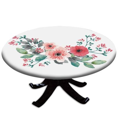 Spring Fitted Tablecloth with Elastic Edged, Waterproof Round Table Cover for Home Indoor Outdoor, Watercolor Floral Polyester Tablecloths Spill Proof for 48"-52" Table, Pink Green