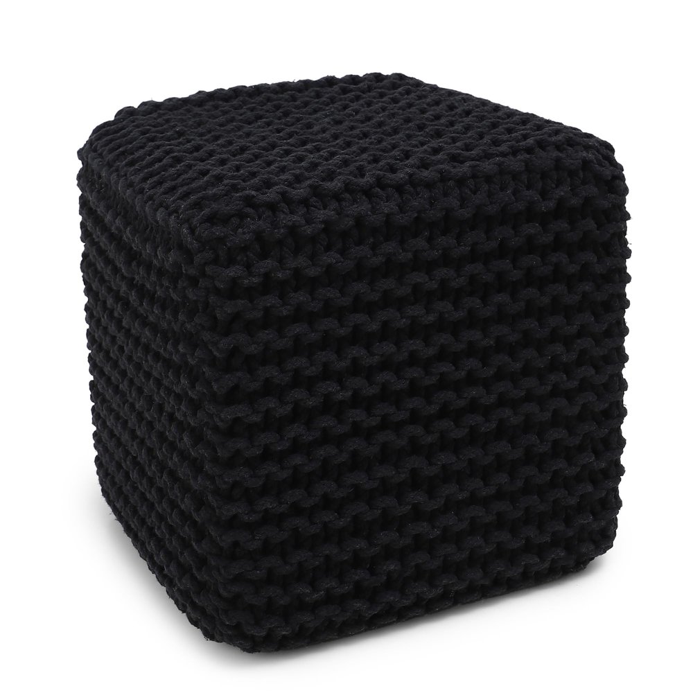 REDEARTH Cube Pouf Foot Stool Ottoman - Hand Knitted Poof - Cord Boho Pouffe - Home Dcor - Stuffed Footrest for Living Room - Bedroom - Covered Patio (16" x 16" x 16") - Black