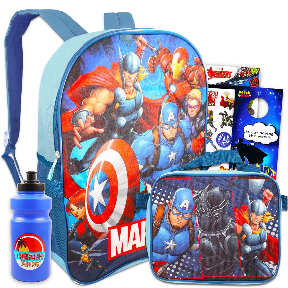 Marvel Avengers Backpack and Lunch Box Set - Bundle 16" Avengers Backpack, Lunch Bag, Water Bottle, Stickers and More | Superhero School Supplies