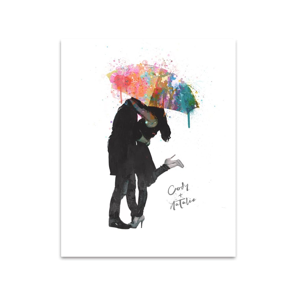 Kissing in the Rain: Personalized Romantic Umbrella Couple Gift (16"x20" Block Mount)