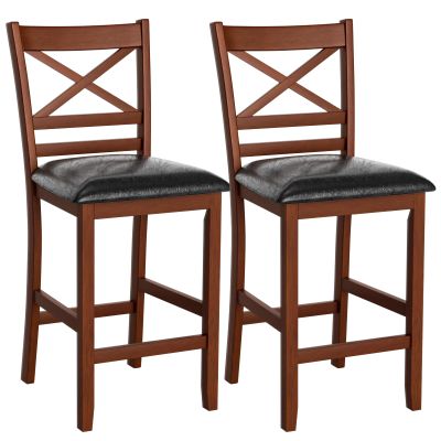 COSTWAY Barstools Set of 2, 25 Counter Height Mid Century Modern Island Chairs with Back, Soft Cushion & Faux Leather Seat, Wooden Armless Kitchen Stools for Home, Cafe Shop, Restaurant, Pub