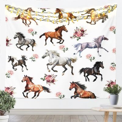 Horses Tapestry Floral Plant Wall Hanging for Kids Teens Boys Girls Room Decor, Wildlife Animal Theme Wall Blanket Tapestries Romantic Spring Wall Art Hanging, XLarge 70.9 x 92.5 Inches