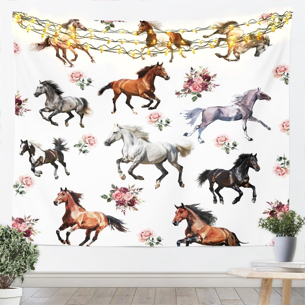Horses Tapestry Floral Plant Wall Hanging for Kids Teens Boys Girls Room Decor, Wildlife Animal Theme Wall Blanket Tapestries Romantic Spring Wall Art Hanging, XLarge 70.9 x 92.5 Inches