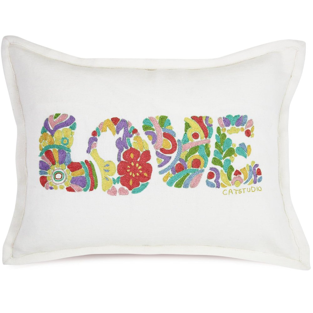 Catstudio Pastel Flower Power Love Hand Embroidered Pillow, Love Letters Spring Decorative Throw Pillows, Embroidered Couch Pillows, Perfect for Mom, Wife or Grandma