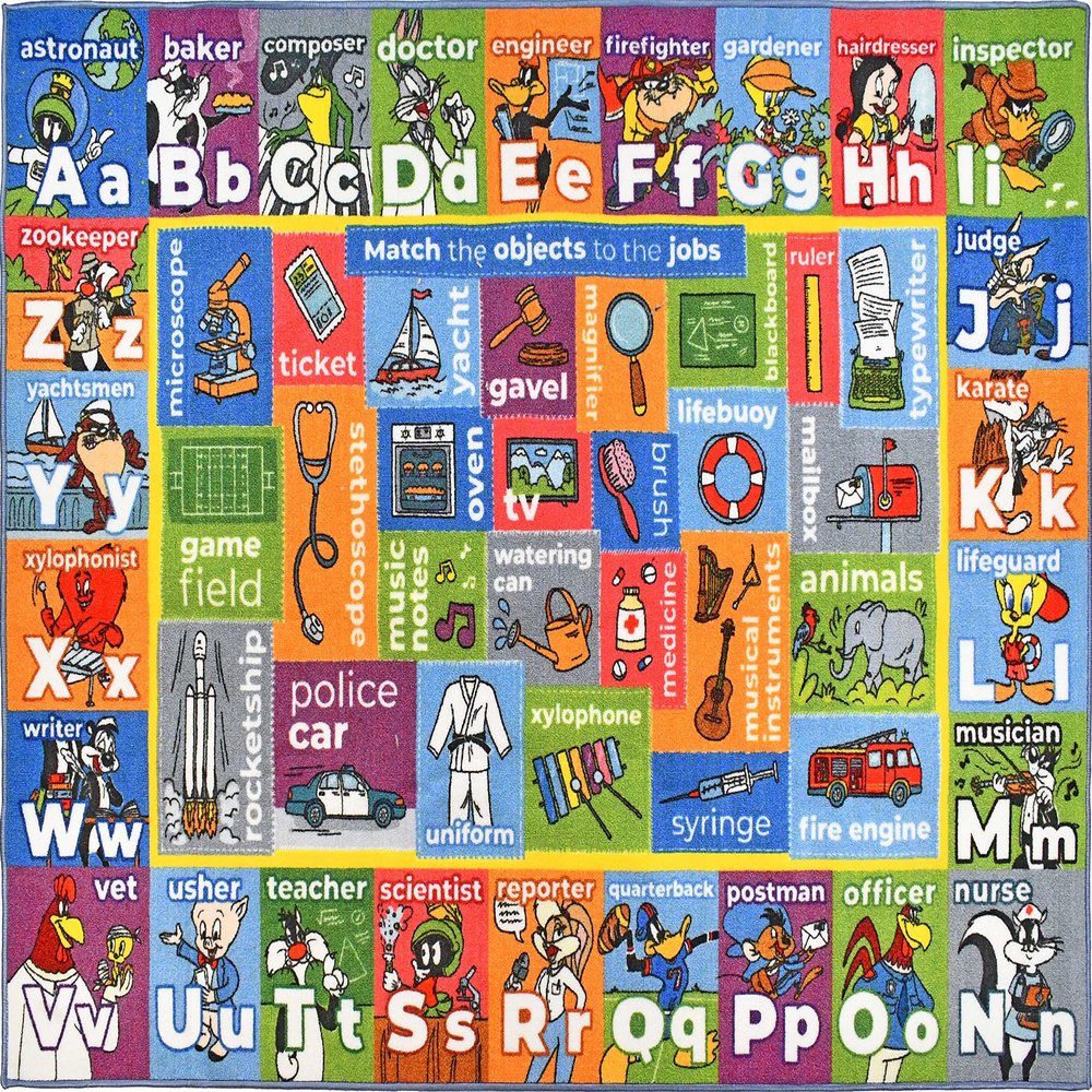 Looney Tunes Educational Kids Rug  ABC Alphabet, Professions & Jobs Matching Game Learning Mat- Interactive Classroom, Playroom & Bedroom Carpet 8x10