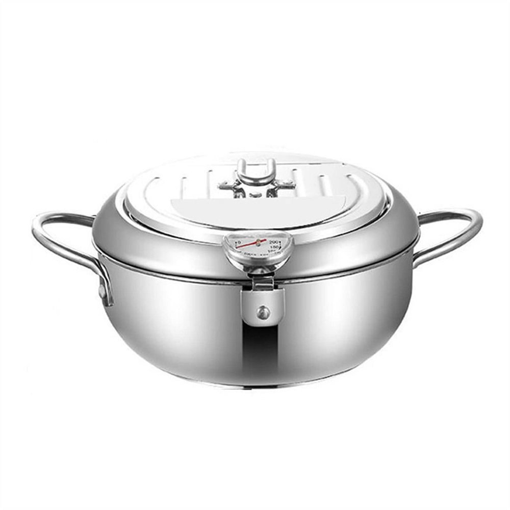 Deep Fryer Pot, 304 Stainless Steel Oil Fryer with Lid, Frying Pot with Thermometer, Deep Frying Pan for Kitchen French Fries, Fish and Shrimp (silver) (Size : 24cm)