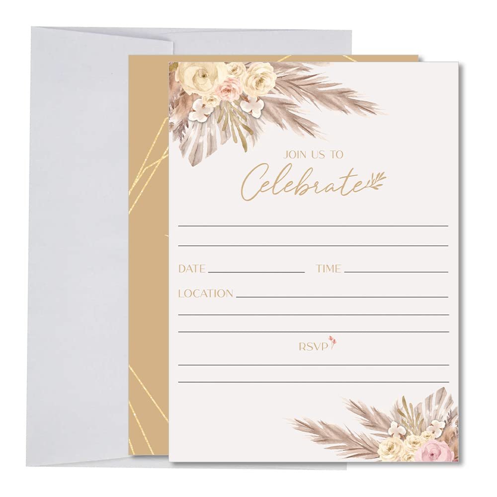 Boho Baby Shower Invitations, Pampas Grass, Neutral Birthday Girl Boy 20 Invites + 20 Envelopes, 5x7 (Boho001)