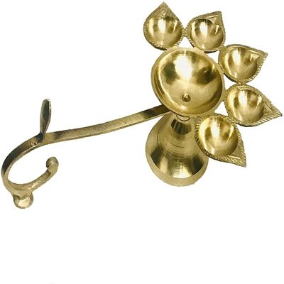 Brass Panch Diya for janmashtami Navaratri Diya Navratri Pooja Item Aarti Deepam Golden Brass Deepak Oil lamp Dia Deepawali Deepak Oil Lamps Pooja Jyot Gift Items Size 8 inch with Handle
