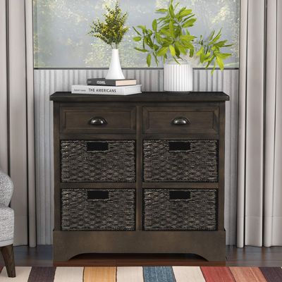 Goujxcy Rustic Storage Cabinet with Two Drawers and Four Classic Fabric Basket for Kitchen/Dining Room/Entryway/Living Room, Accent Furniture (Grey)