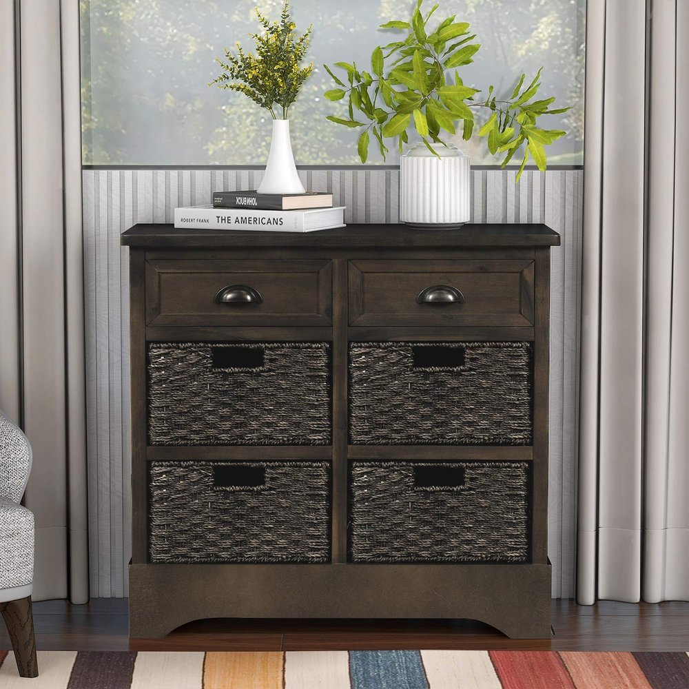 Goujxcy Rustic Storage Cabinet with Two Drawers and Four Classic Fabric Basket for Kitchen/Dining Room/Entryway/Living Room, Accent Furniture (Grey)