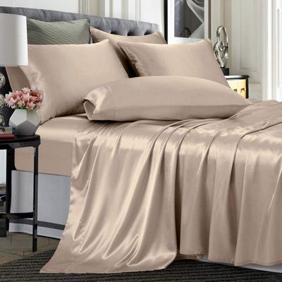 TREELY 4 Piece Satin Sheets Twin Size - Silky Smooth Taupe Sheet Set With Deep Pocket, Fitted Sheet, Flat Sheet, 2 Pillowcases