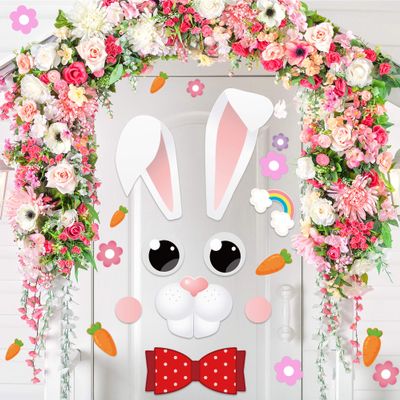 ROCWOHO 40 PCS Happy Easter Door Stickers Decor - Bunny, Easter, Flowers - Pink, Cartoon Style - Waterproof - Indoor Use - Door, Window, Refrigerator Decor