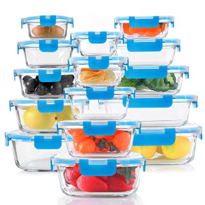 30 Pieces Glass Food Storage Containers, Meal Prep Set with Snap Locking Lids, Airtight lunch Containers, BPA-Free, Microwave, Oven, Freezer & Dishwasher Friendly,Blue