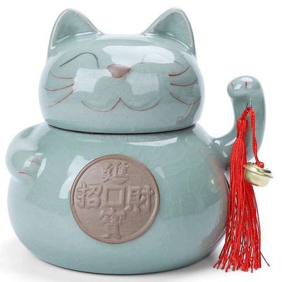 15.5cm Chinese Cat Shape Tea Caddy Ceramic Sealed Jar Storage Tea Box Kung Fu Tea Set