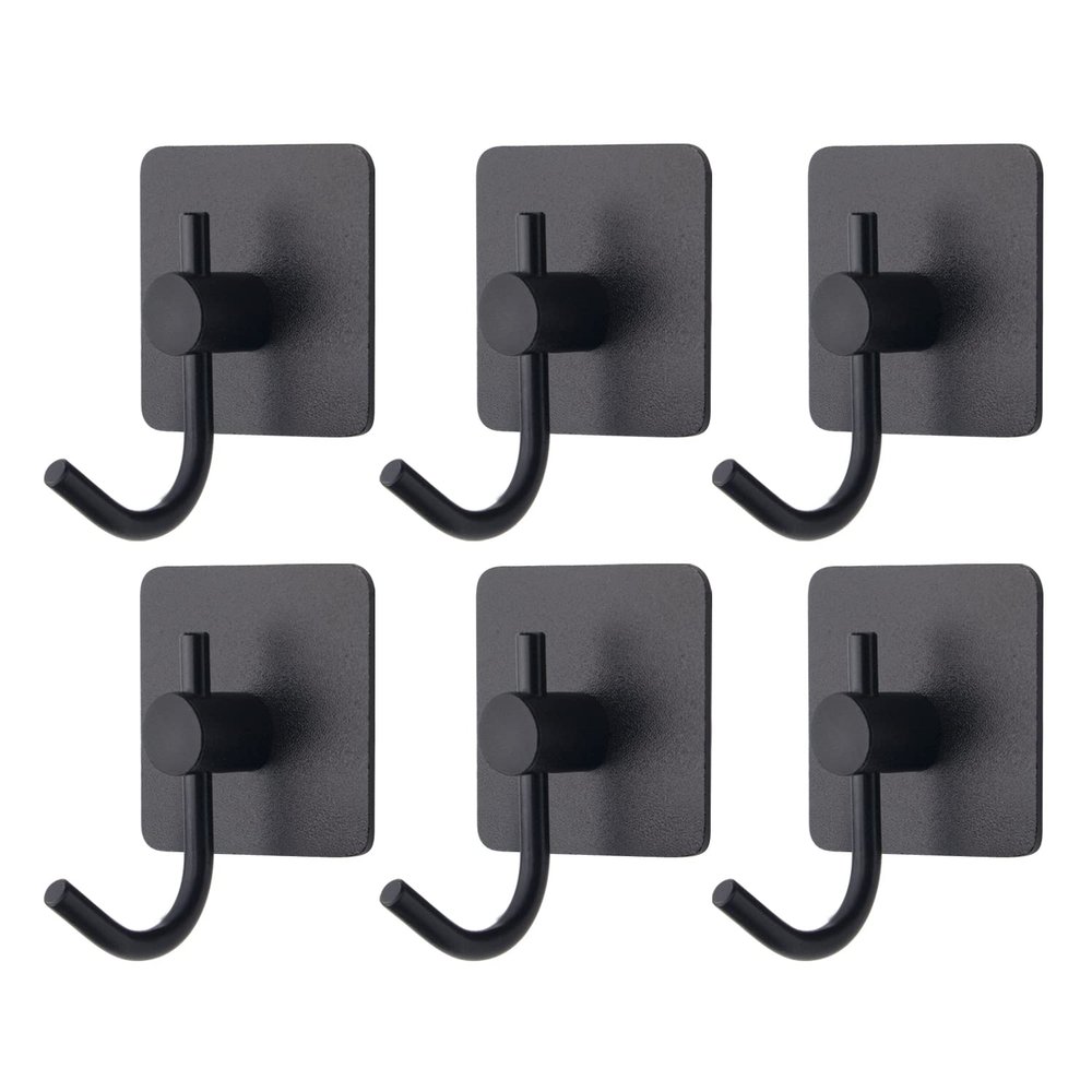 VAEHOLD 6 Pack Adhesive Wall Hooks, Heavy Duty Sticky Holder Aluminum Towel Hooks for Hanging Coat, Hat, Key, Clothes, Closet Hook Wall Mount for Kitchen, Bathroom, Office (Black)