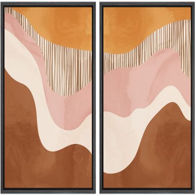 wall26 Framed Canvas Print Wall Art Set Mid-Century Pastel Orange, Pink Brown Color Field Abstract Shapes Illustrations Modern Chic Relax/Calm for Living Room, Bedroom, Office - 16"x24"x2 Black