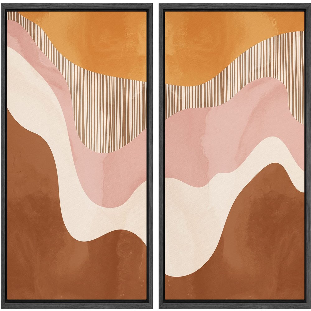 wall26 Framed Canvas Print Wall Art Set Mid-Century Pastel Orange, Pink Brown Color Field Abstract Shapes Illustrations Modern Chic Relax/Calm for Living Room, Bedroom, Office - 16"x24"x2 Black