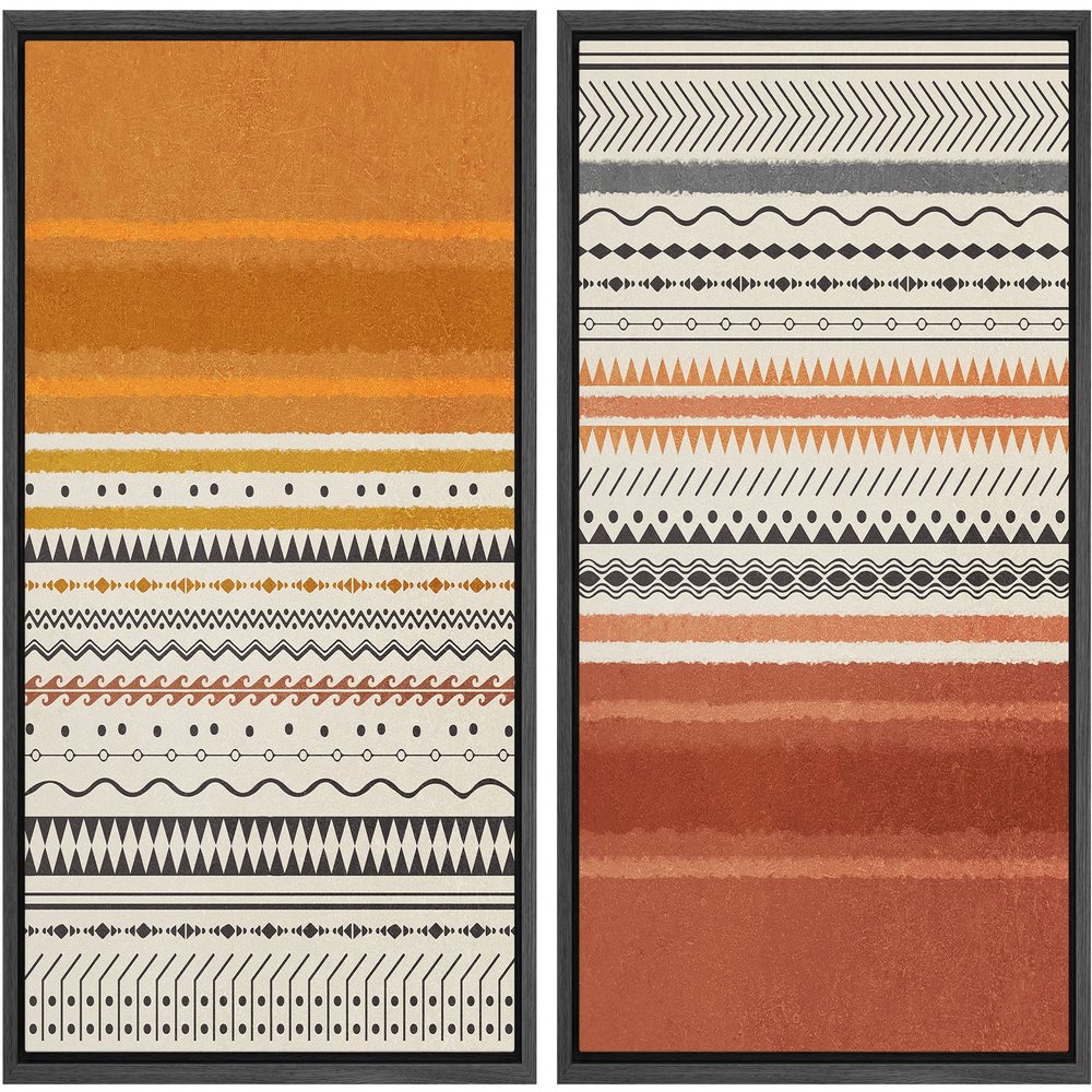 wall26 Framed Canvas Print Wall Art Set Tribal Southwest Polygon Pattern Rust Color Blocks Abstract Shapes Illustrations Modern Chic Relax/Calm for Living Room, Bedroom, Office - 16"x24"x2 Black