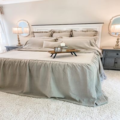 Piper Classics Provincial Linen Natural Beige Ruffled Queen Bedspread, 56" W x 78" L, Plus Ruffled Skirt on 3 Sides w/ 45" Drop, 100% Linen Bedding