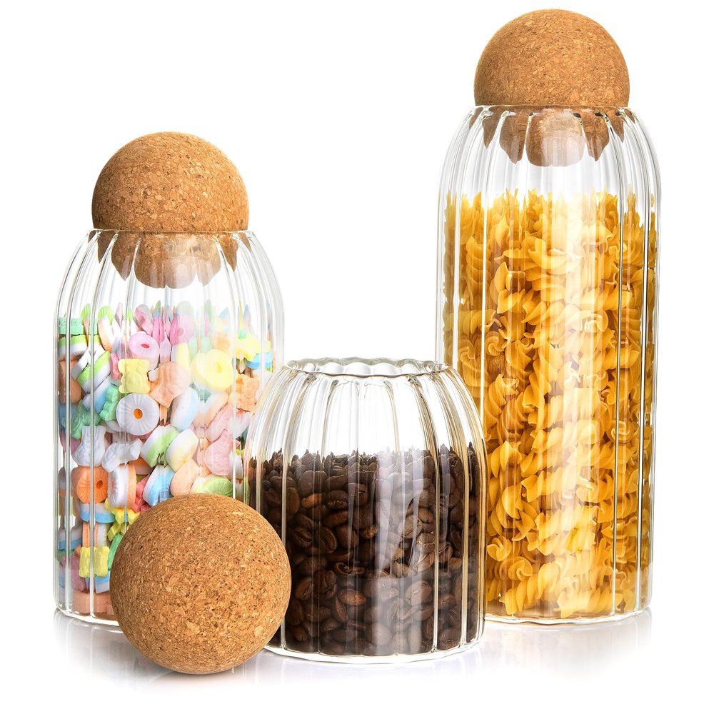 3Pcs Glass Storage Container with Round Ball Cork,Coffee Bean Jar Glass Cork Clear Stripe Glass Bottles with Cork Glass Canisters for Food, Coffee, Sugar, Spice, Tea,DIY (500ml / 700ml / 1000ml)