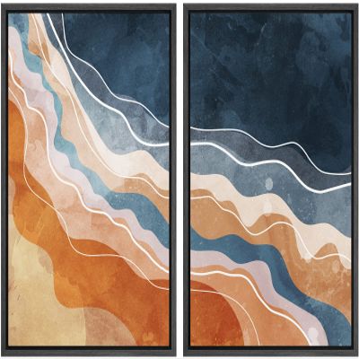 wall26 Framed Canvas Print Wall Art Set Blue, Orange and White Watercolor Color Waves Abstract Shapes Illustrations Modern Chic Relax/Calm for Living Room, Bedroom, Office - 16"x24"x2 Black