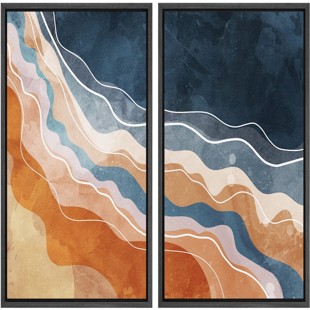 wall26 Framed Canvas Print Wall Art Set Blue, Orange and White Watercolor Color Waves Abstract Shapes Illustrations Modern Chic Relax/Calm for Living Room, Bedroom, Office - 16"x24"x2 Black