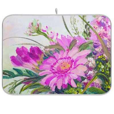 Absorbent Dish Drying Mat for Kitchen Counter - Oil Painting Flowers Microfiber Drying Pad, Reversible Drainer Mats for Countertop, Large 18" x 24"